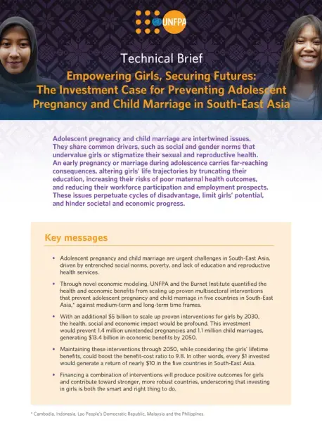 Technical Brief: The Investment Case for the Prevention of Adolescent Pregnancy and Child Marriage in South-East Asia